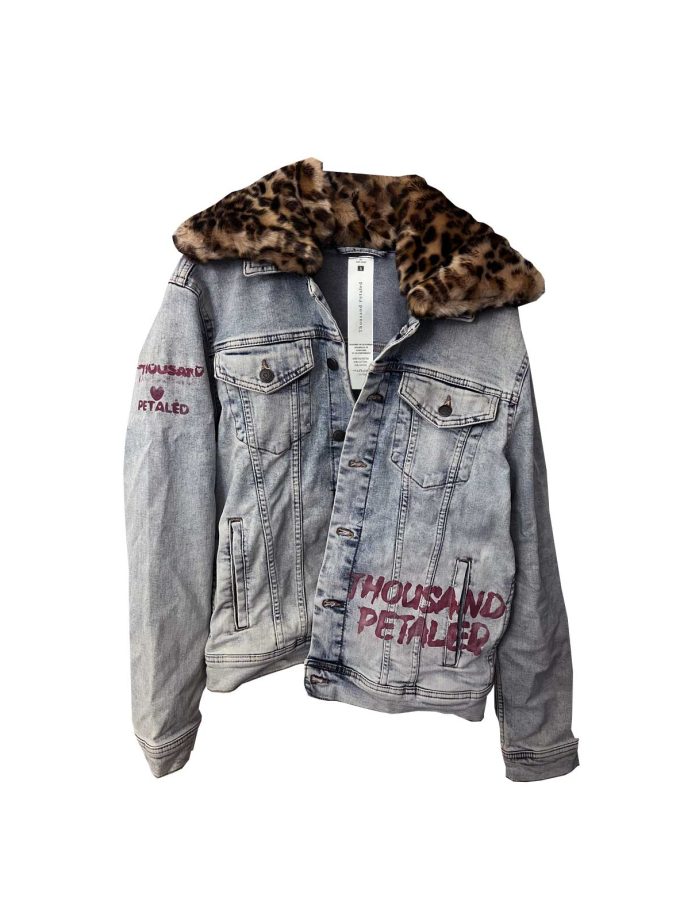 Thousand Petaled Logo Graphic Mega Denim Jacket with Faux Leopard Fur Collar