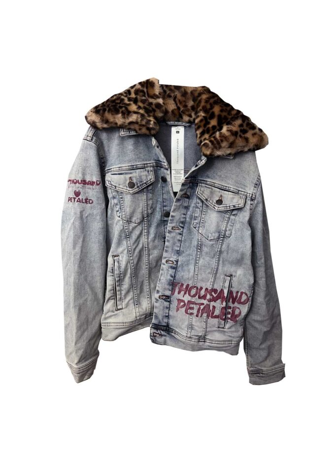 Thousand Petaled Logo Graphic Mega Denim Jacket with Faux Leopard Fur Collar