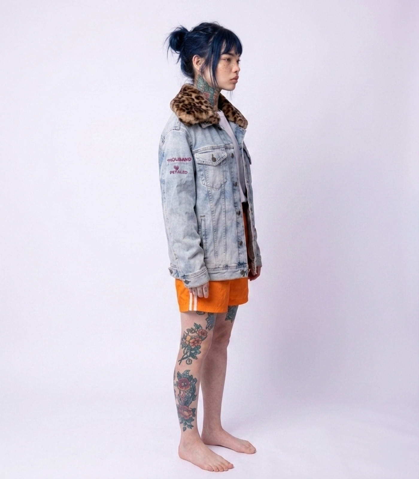 Thousand Petaled Logo Graphic Mega Denim Jacket with Faux Leopard Fur Collar