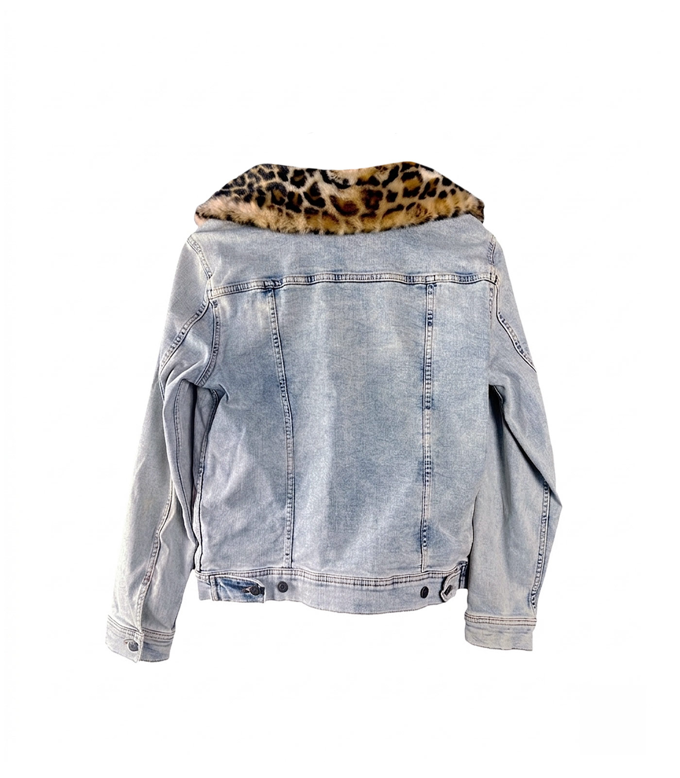 Thousand Petaled Logo Graphic Mega Denim Jacket with Faux Leopard Fur Collar